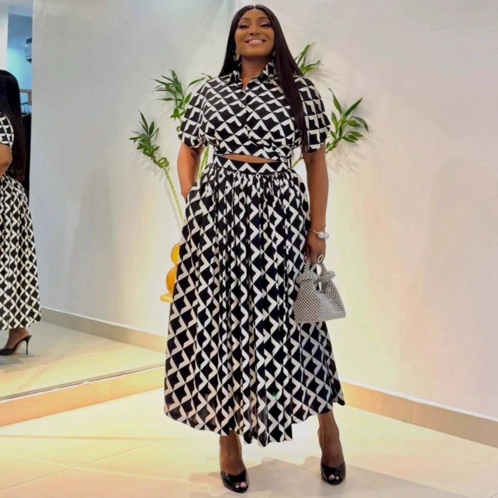ZARA African Print Plus Size Short Sleeve T Shirt High Waist Wide Leg Skirt Set